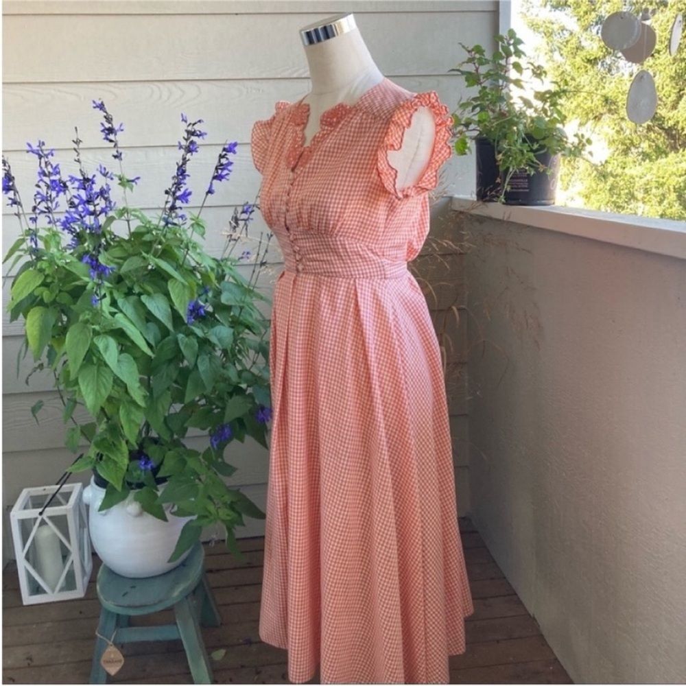 Vintage 1950s Vicky Vaughn Gingham Dress Peach Pink & White Rockabilly / Pin-Up